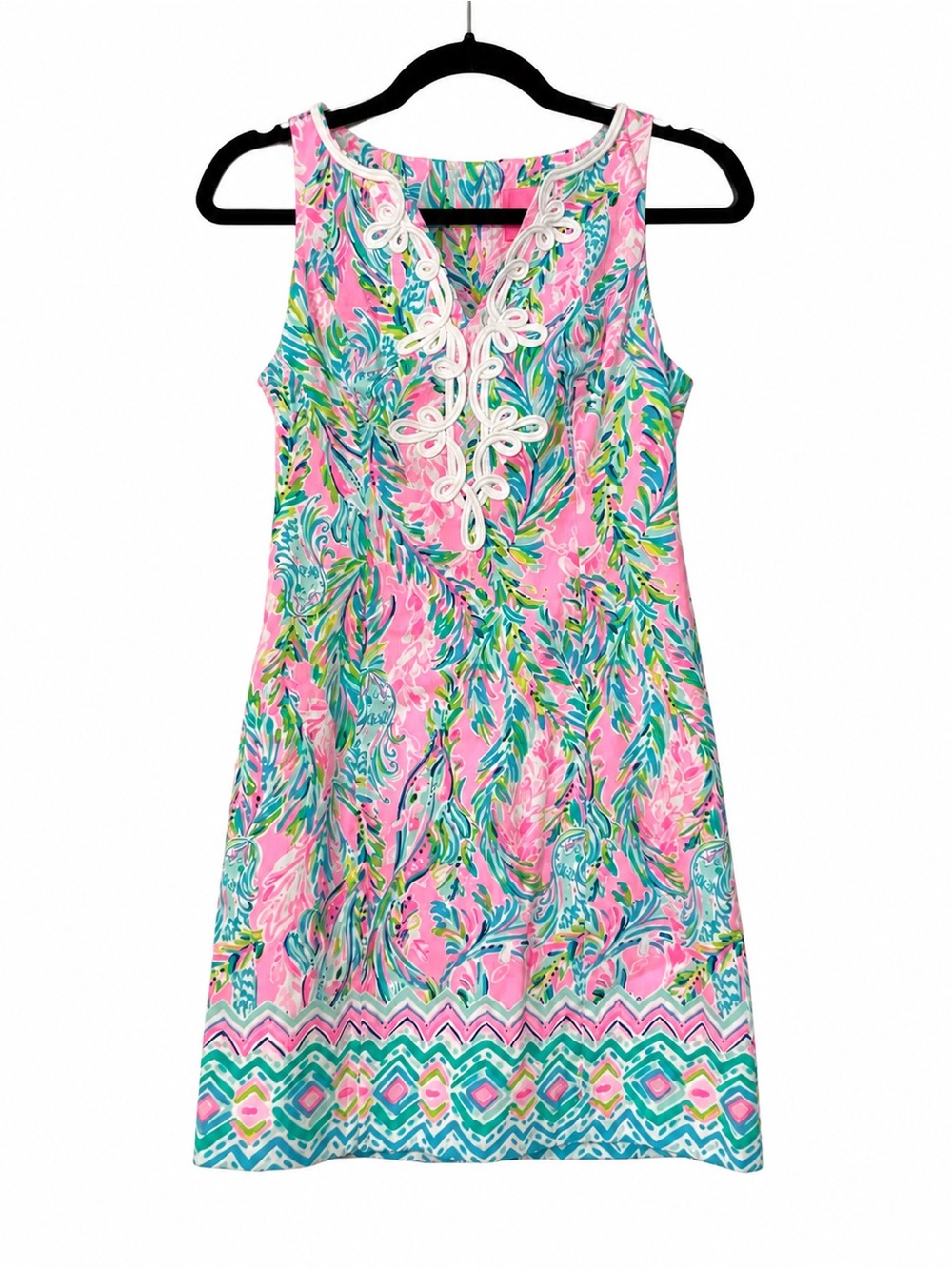 Lilly Pulitzer Pink Tropical Print Gabby Shift Dress with White Lace Trim